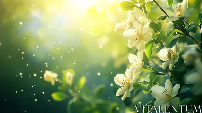 Sunlit jasmine blossoms drift through glittering spring air.