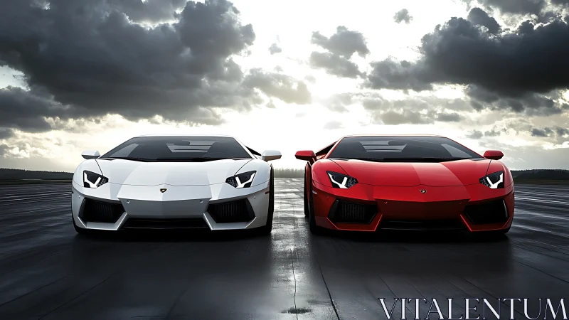 Twin supercars stare down a stormy runway in sculpted defiance.