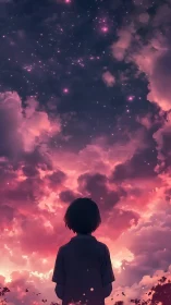 Silhouette figure observing star field above dense clouds.