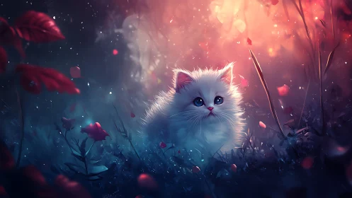 White Feline Specimen Positioned Amidst Chromatic Floral Environment.