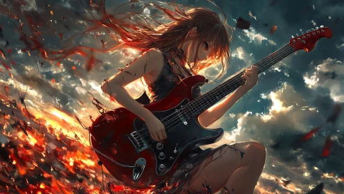 Female guitarist holds red electric guitar amid dynamic sky
