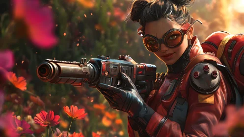 Blaster botanist guarding a neon wildflower battlefield.