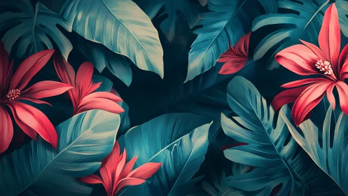 Scarlet jungle blooms whisper through teal moonlit leaves