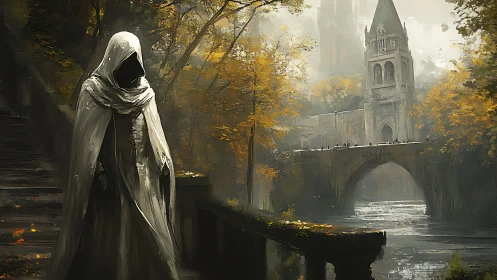 Hooded wanderer crosses misty riverside bridge at dusk