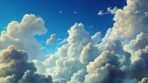 Towering cumulus clouds rise into deep blue daytime sky
