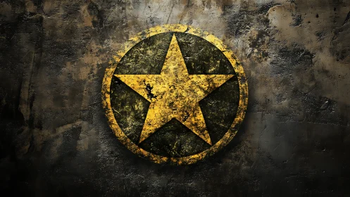 Weathered golden star emblem on distressed metal wall.
