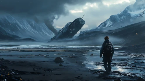 Lone wanderer before crashed starship in frozen valley.