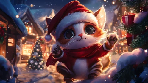 Holiday kitten microportrait under luminous snowfall field.