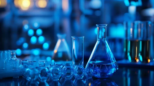 Photorealistic blue chemistry glassware under laboratory bokeh lighting.