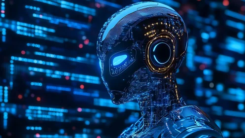 Futuristic AI android in luminous cybernetic circuit exoshell