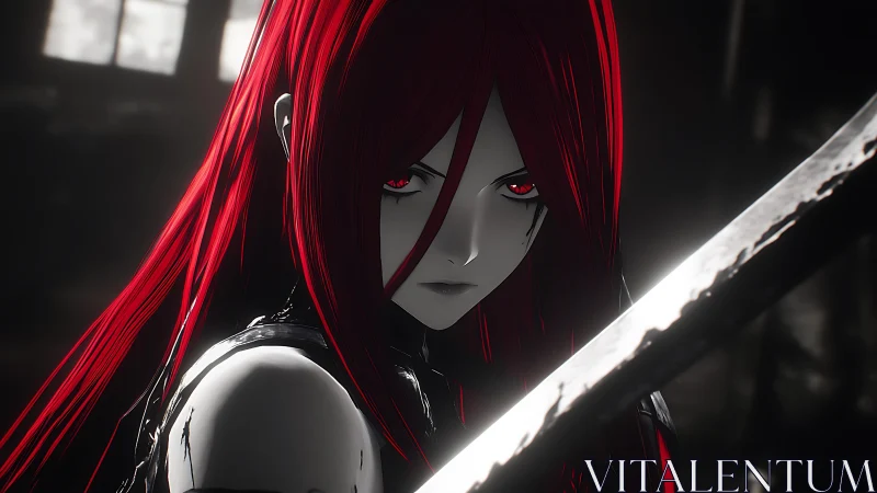 Crimson-eyed swordswoman in stark monochrome lighting focus.