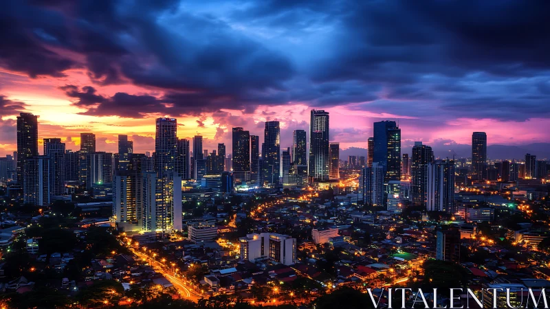 City lights and painted skies meet at blue hour twilight.