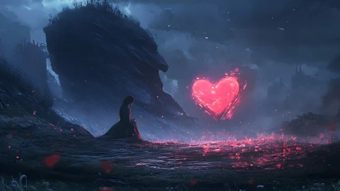 Solitary figure gazes at luminous heart amid desolate realm