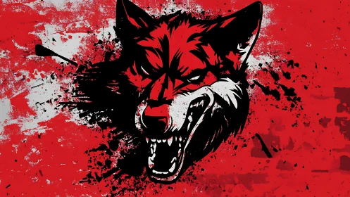 Red and black stylized fox head with splattered background.