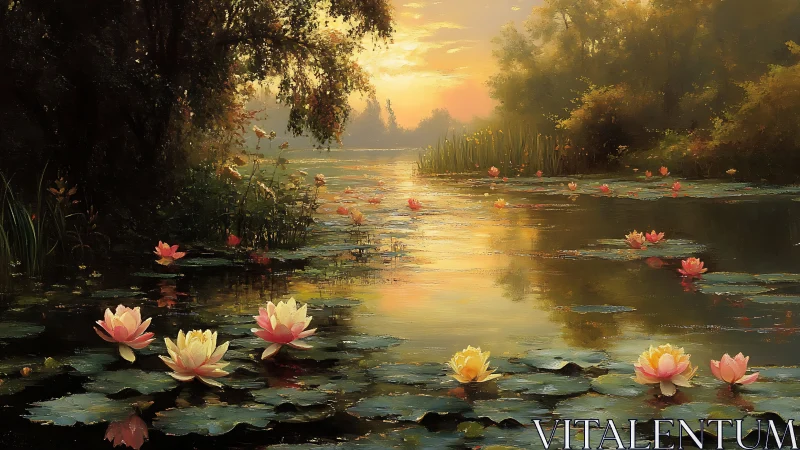 Sunlit lily pond with reflective water surface and hazy foliage