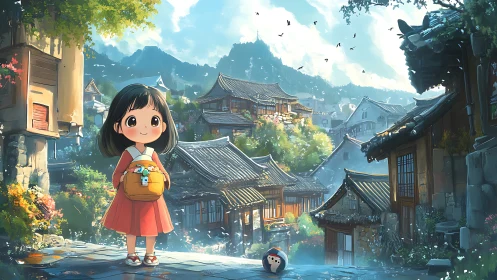 Anime village girl holding basket in sunlit mountain town.