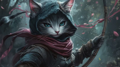 Hooded anthropomorphic archer cat in misty forest setting.