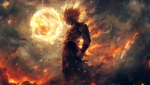 Solar storm warrior brooding inside a collapsing sky blaze.