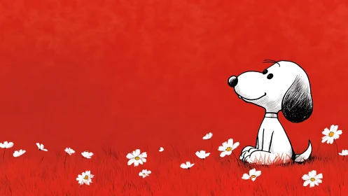 Daydreaming cartoon pup in a crimson daisy meadow.