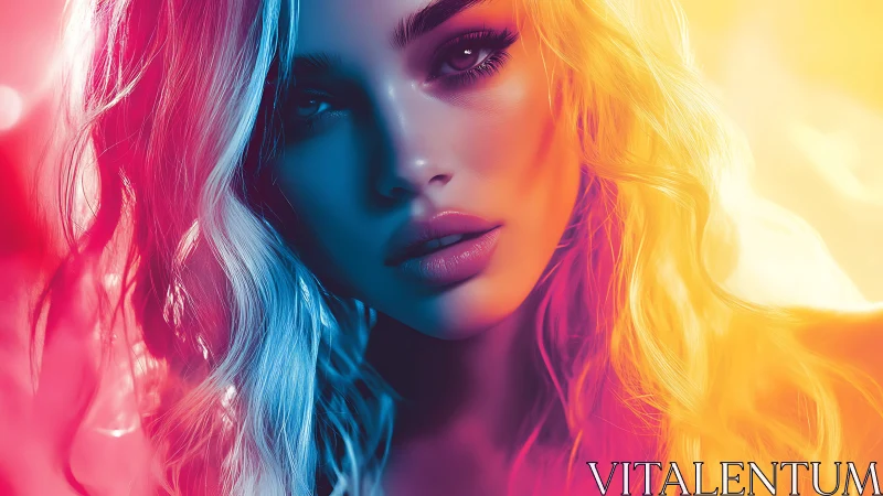 Neon-lit portrait merges warm and cool cinematic glow beautifully.