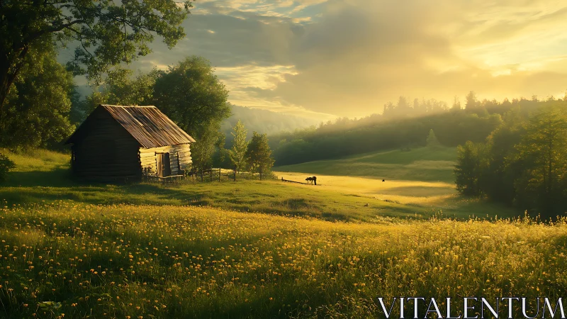 Wooden cabin overlooks sunlit meadow under warm evening light