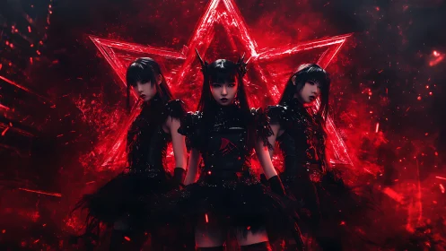 Triad of gothic idol warriors before luminous red pentagram