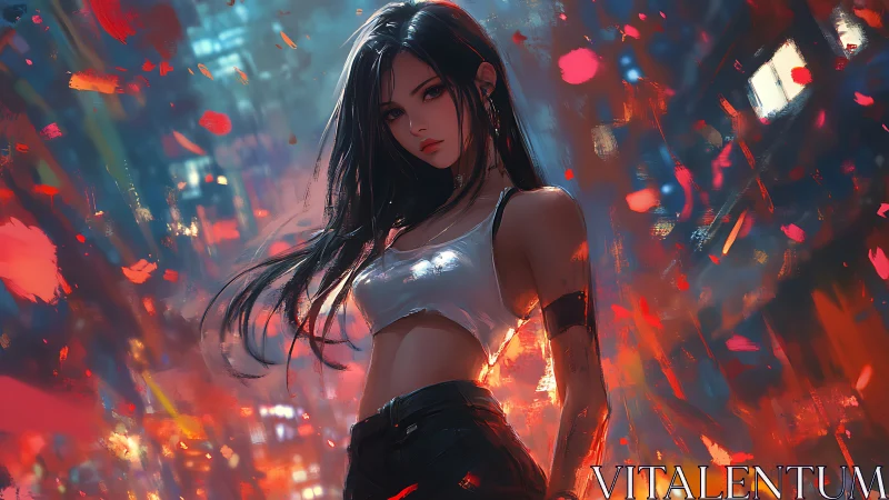 Female character in neon cityscape with dynamic red accents.