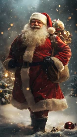 Jolly Santa in snowy wonderland with a twinkling gift sack.