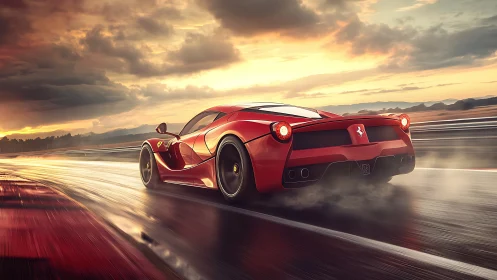 Red supercar powers through wet racetrack at blazing sunset