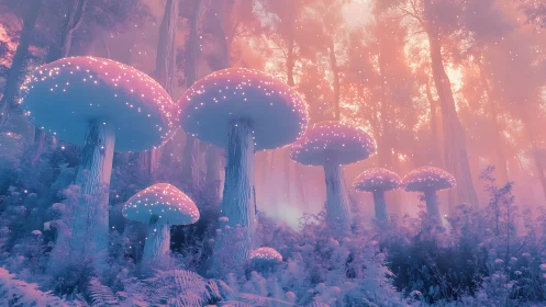 Bioluminescent mushrooms glow through pastel dream forest.