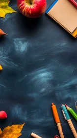 School supplies and apple arranged around dark chalkboard space