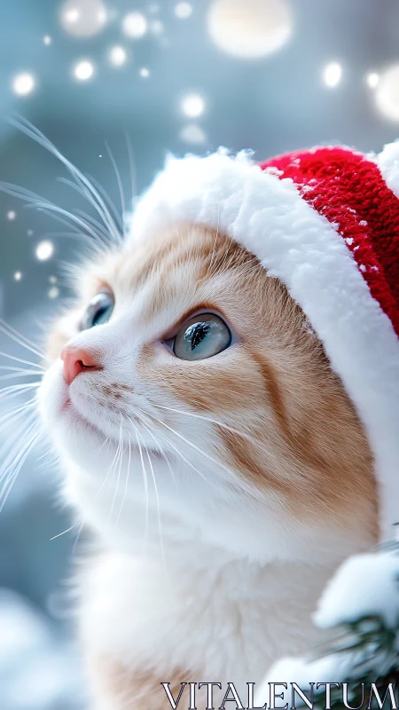 Snowlit Santa kitten gazes into swirling winter wishes.