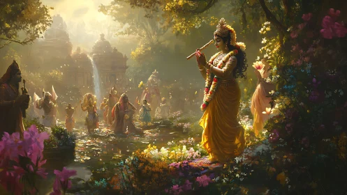 Flute-playing deity illuminates ornate forest temple procession