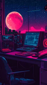 Cyber control room overlooks neon moonlit city skyline.