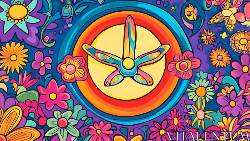 Psychedelic floral mandala with rainbow clock center.