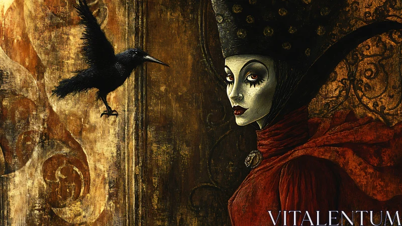 Velvet queen of shadows watches her restless raven.