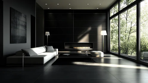 Minimalist black living room opens to serene forest light