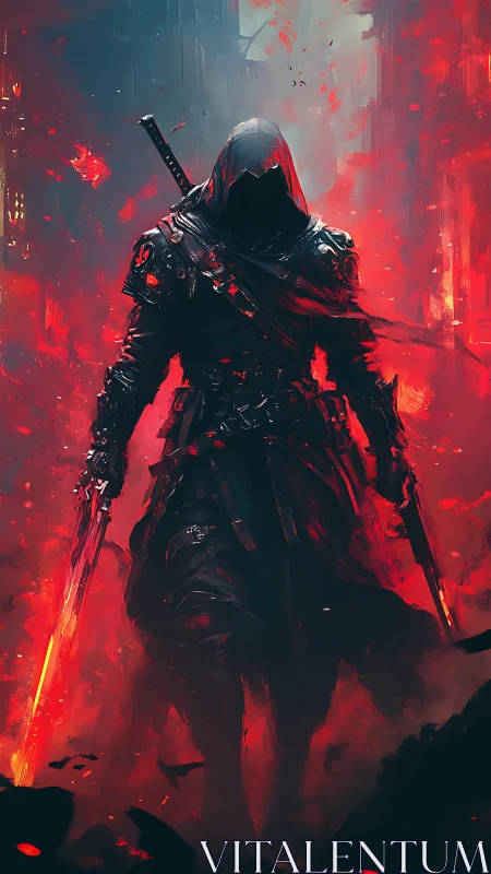 Hooded warrior with dual blades in red abstract environment.
