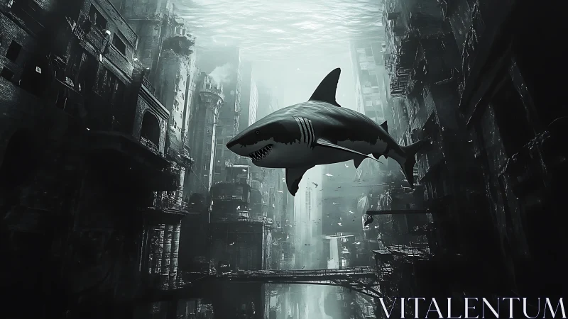 Shark glides through flooded ruins of a drowned megacity