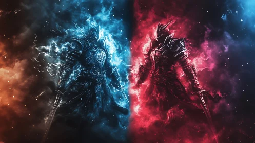 Dual armored figures in opposing blue and red energy fields.