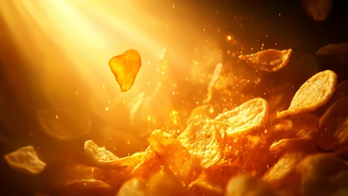 Golden potato chips in dramatic radiant spotlight burst.