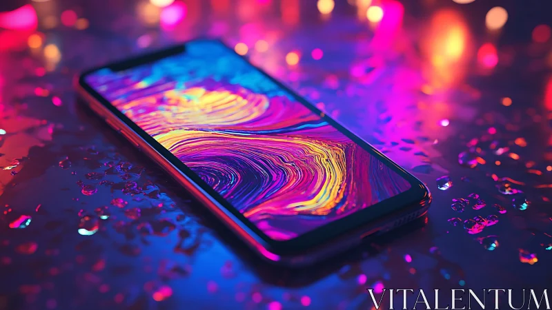 Smartphone lies on wet surface under neon colored lighting