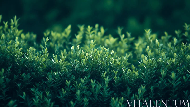 Dense green shrub foliage occupies the foreground plane