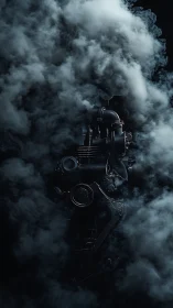 Industrial engine partially obscured by dense rolling smoke