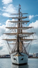 Proud tall ship glides in harbor light under soft blue sky