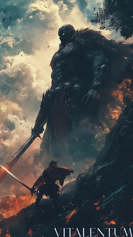 Giant armored warlord confronts lone sword fighter on cliff