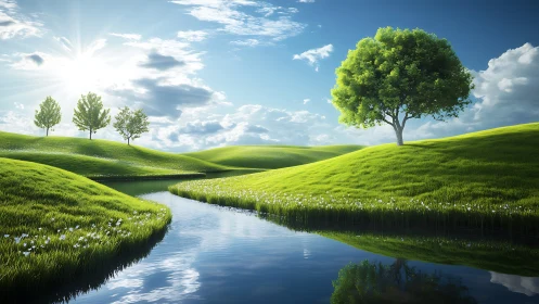 Sunlit river winding through dreambright emerald hills.