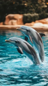 Playful dolphins leap in sparkling blue pool water together.