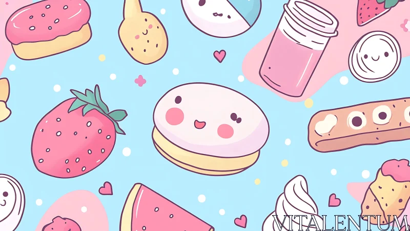Kawaii pastel desserts pattern with smiling sweet treats.