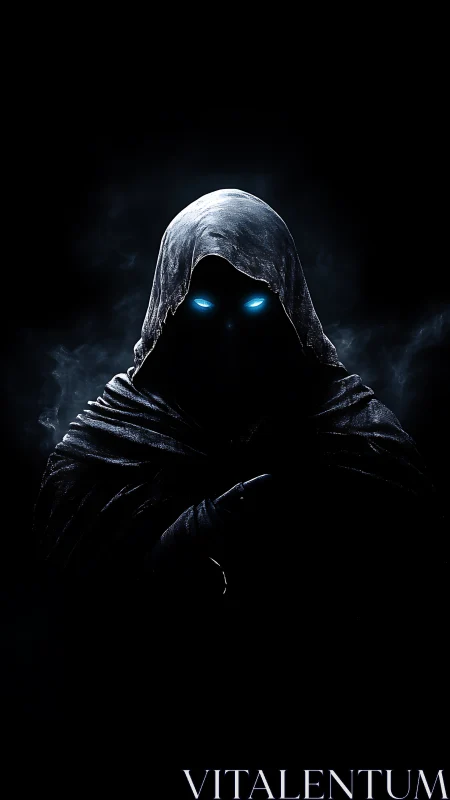 Hooded shadow figure glows with piercing blue eyes